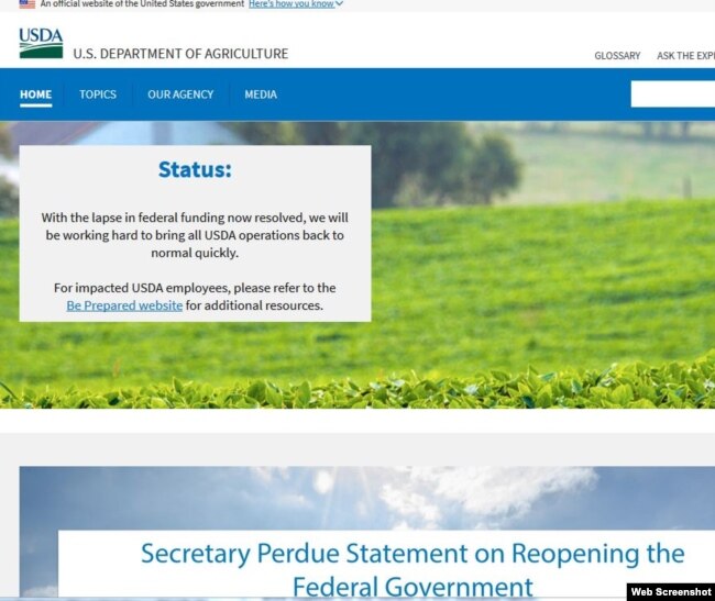 U.S. Department of Agriculture website notice about the end of the partial government shutdown.