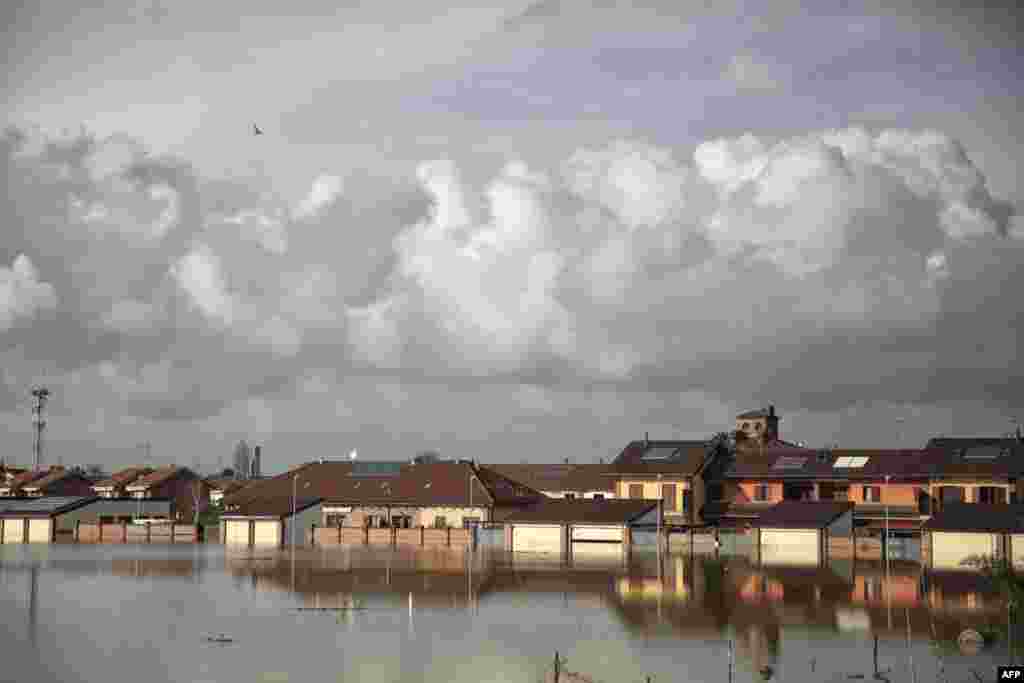 A panoramic view of the Tetti Piatti suburb near Turin, Italy under the floods due to heavy rains.