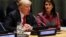 U.S. President Donald Trump speaks as U.N. Ambassador Nikki Haley looks on at the United Nations Global Call to Action on the World Drug Problem during the 73rd U.N. General Assembly in New York, Sept. 24, 2018. 