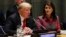 U.S. President Donald Trump speaks as U.N. Ambassador Nikki Haley looks on at the United Nations Global Call to Action on the World Drug Problem during the 73rd U.N. General Assembly in New York, Sept. 24, 2018. 