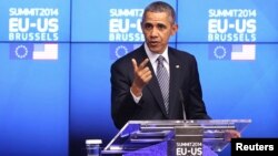 Presiden AS Barack Obama berbicara kepada media di Brussels, Belgia hari Rabu (26/3). 