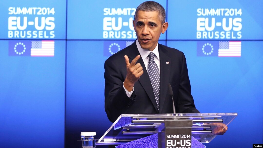 Presiden AS Barack Obama berbicara kepada media di Brussels, Belgia hari Rabu (26/3). 