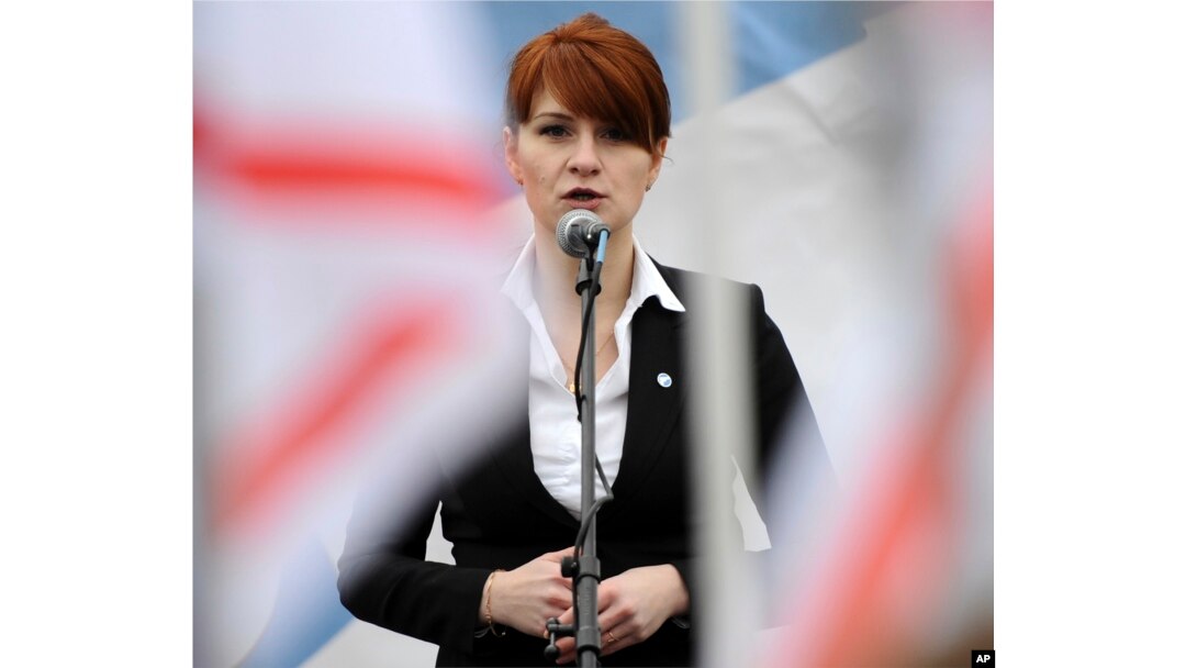 FILE - Maria Butina speaks at a rally in support of legalizing the possession of handguns, in Moscow, Russia, April 21, 2013.