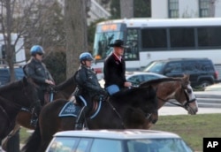 Interior Secretary Ryan Zinke arriving for his first day of work at the Interior Department in Washington, March 2, 2017, aboard 17-year-old Tonto.