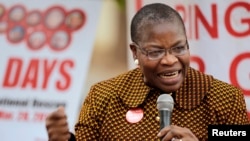 FILE - Former Nigerian education minister Obiageli Ezekwesili speaks during a daily sit-in of the #BringBackOurGirls protest in Abuja, Feb. 24, 2015.