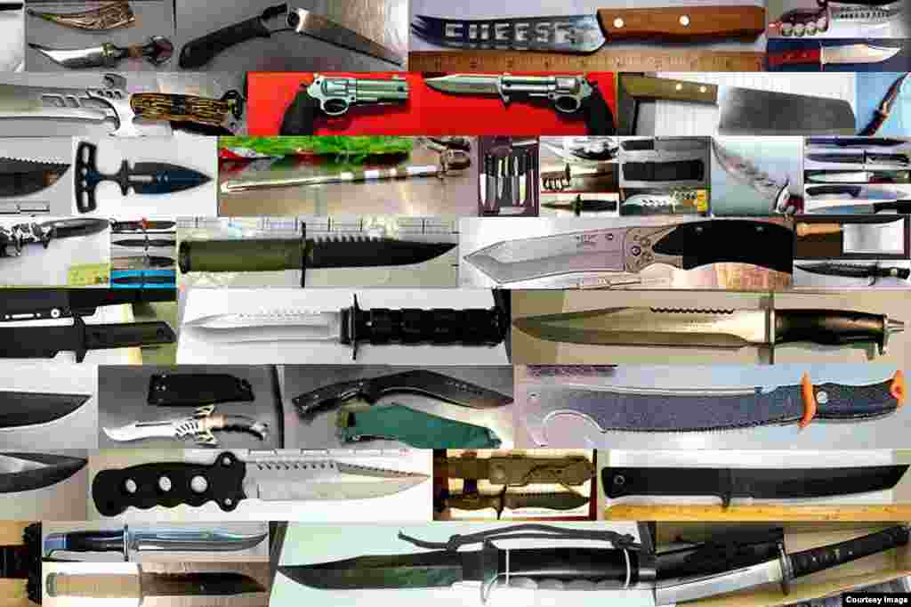 Knives and other cutting instruments are seen in this image provided by the TSA.