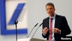 Christian Sewing, new CEO of Germany's Deutsche Bank, addresses the audience during the bank's annual meeting in Frankfurt, Germany, May 24, 2018. 