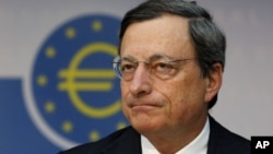 President of European Central Bank Mario Draghi addresses the media in Frankfurt, Germany, Thursday, Aug. 2, 2012.