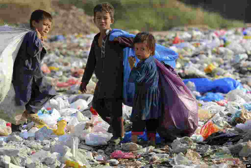 파키스탄 이슬라마바드의 쓰레기장에서 어린이들이 쓰레기를 줍고 있다. 어린이들은 가족을 위한 돈을 벌기 위해 일출부터 일몰까지 일을 한다.