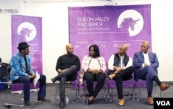 VOA's Jackson M'vunganyi, in hat, speaks with panelists: from left, Yonas Beshawred, founder of StackShare; Michelle Stewart, attorney at Covington & Burling; Stephen Ozoigbo, CEO, African Technology Foundation; and Andile Ngcaba, founder of Convergence P