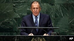 FILE - Russia's Foreign Minister Sergey Lavrov delivers his address at the 69th session of the United Nations General Assembly, at U.N. headquarters in New York, September 2014.