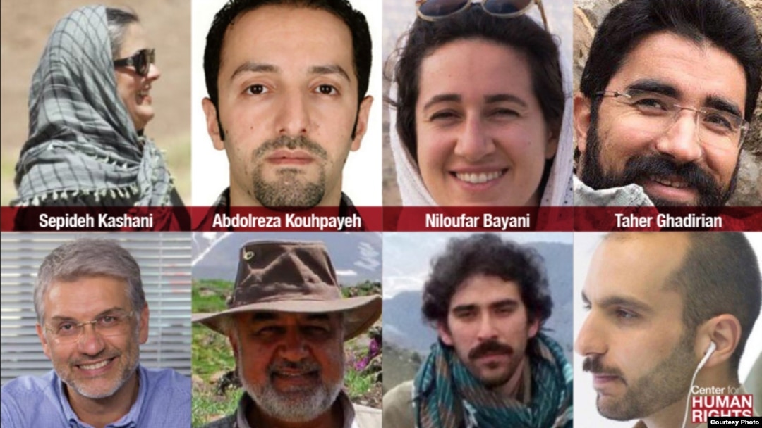 This image published by the New York-based Center for Human Rights in Iran (CHRI) shows eight Iranian environmentalists who have been detained in Iran since January and February on suspicion of being spies. (Courtesy - CHRI) 