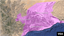 Peta provinsi Bayda, Shabwa and Abyan di Yaman.