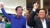 Cambodian Prime Minister Hun Sen (left) shows his ballot to the national and international media during the fourth commune elections, in Kandal province outside Cambodia’s capital Phnom Penh, Sunday, June 4, 2017. On the same day, Kem Sokha, president of the Cambodia National Rescue Party (CNRP), casts his vote at Chak Angre Leu Primary School in Phnom Penh, near his party’s headquarters. (Khan Sokummono/Aun Chhengpor/VOA Khmer)