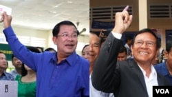 Cambodian Prime Minister Hun Sen (left) shows his ballot to the national and international media during the fourth commune elections, in Kandal province outside Cambodia’s capital Phnom Penh, Sunday, June 4, 2017. On the same day, Kem Sokha, president of the Cambodia National Rescue Party (CNRP), casts his vote at Chak Angre Leu Primary School in Phnom Penh, near his party’s headquarters. (Khan Sokummono/Aun Chhengpor/VOA Khmer)