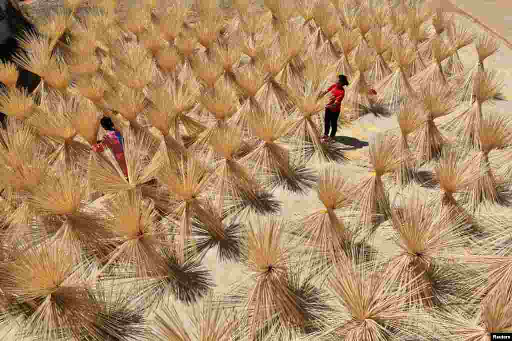 Employees from a bamboo industry company dry semi-finished bamboo chopsticks in a village in Xingan county, Jiangxi province, China.