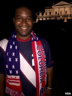 American soccer fan Donald Wine celebrates the U.S. women’s national team World Cup final victory with the American Outlaws outside the White House, Sunday, July 5.