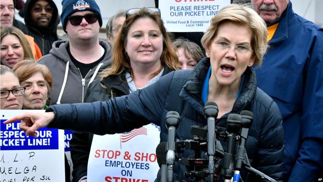 Democratic Presidential hopeful, Sen. Elizabeth Warren, D-Mass., speaks after she joined striking Stop & Shop supermarket employees on the picket line, April 12, 2019, in Somerville, Mass.
