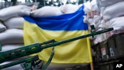 FILE - A rifle is seen in front of a Ukrainian flag in the village of Mariinka, near Donetsk, eastern Ukraine, Aug. 25, 2016.