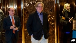 FILE - In this Friday, Nov. 11, 2016, file photo, Stephen Bannon, campaign CEO for President-elect Donald Trump, leaves Trump Tower in New York.