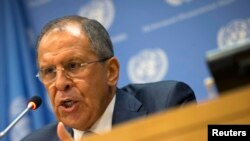 Russian Foreign Minister Sergei Lavrov speaks during a news conference on the sidelines of the the 69th U.N. General Assembly at U.N. Headquarters in New York, Sept. 26, 2014.