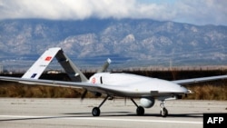 The Bayraktar TB2 drone is pictured Dec. 16, 2019, at Gecitkale Airport in Famagusta in the self-proclaimed Turkish Republic of Northern Cyprus.