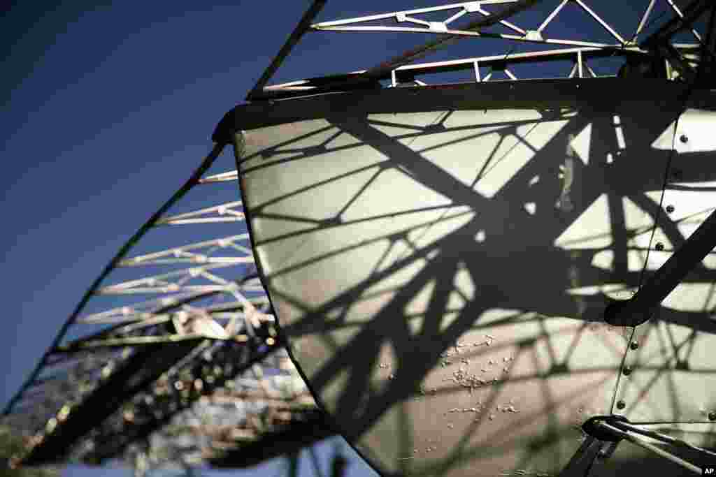 The frame of the historic Budd BB1 Pioneer aircraft is seen before it is returned to its perch in front of the Franklin Institute after a yearlong restoration, in Philadelphia, Pennsylvania.&nbsp; The 1930 all-welded stainless-steel airplane flew demonstrations throughout the U.S. and Europe until it was presented to the Institute in 1935 for exhibition.