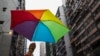 2014年一名同性恋骄傲大游行的参与者手举一把彩虹伞。众多参与者走上街头要求平权。
