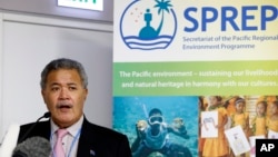 Tuvalu Prime Minister Enele Sosene Sopoaga is seen speaking during a press conference at the United Nations Climate Change Conference (COP21), outside Paris, Dec. 3, 2015.
