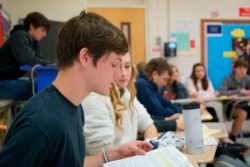 Tenth-grader Landon Hackney makes an argument during civics class at Chatham Central High School in Bear Creek, N.C., on Tuesday, Nov. 5, 2019. The class is debating whether President Trump should be impeached.