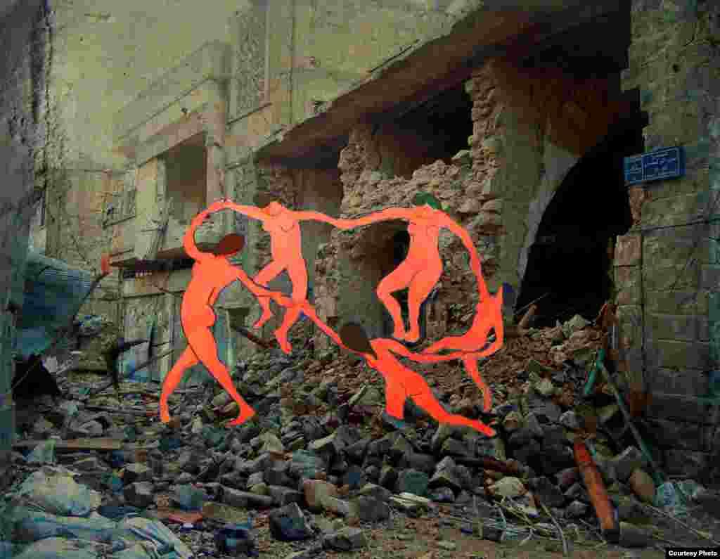 A circle of women from Matisse’ 1910 “The Dance”, 1910, celebrate over the remnants of an abandoned street in Homs. By Tammam Azzam.