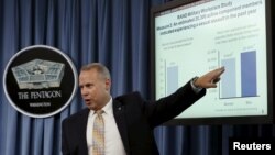 Nathan Galbreath, senior executive advisor for the Department of Defense Sexual Assault Prevention and Response Office, speaks at a news conference at the Pentagon in Washington to release the Annual Report on Sexual Assault in the Military, May 1, 2015. 