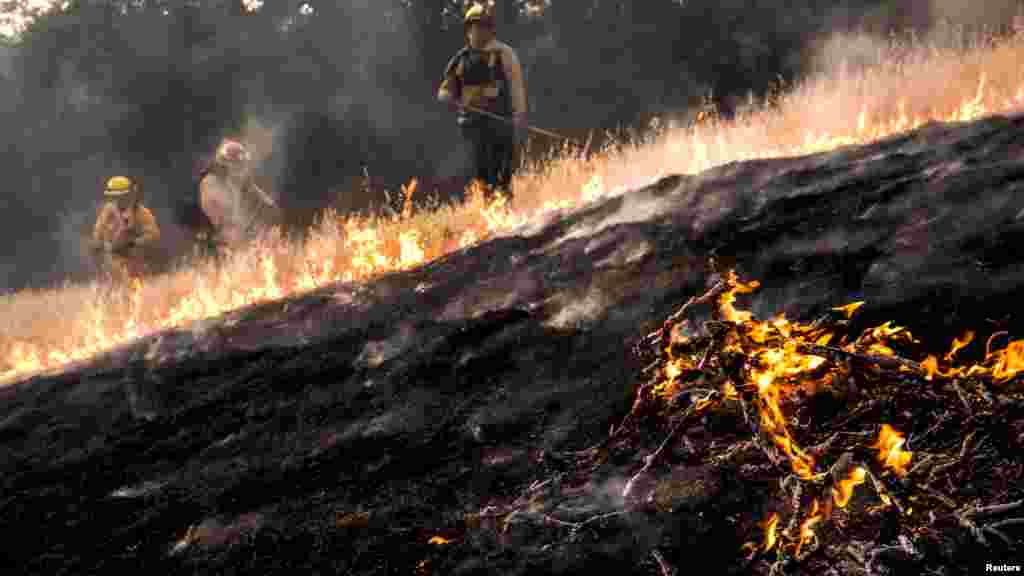 Les pompiers essaient de creuser une ligne de feu dans Rocky Lake County, Californie, 30 juillet 2015.