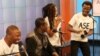 Jomion and the Uklos play a song during their performance on Music Time in Africa for host Heather Maxwell of VOA&#39;s Africa 54. (Photo by David Byrd)