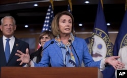 House Minority Leader Nancy Pelosi, D-Calif., joined by Rep. Steve Israel, D-N.Y., and Rep. Rosa DeLauro, D-Conn., left, and other members of the House Democratic leadership, call on Republicans who hold the majority in Congress to return to Washington from their recess to deal with urgent and unresolved issues like the Zika virus, during a news conference on Capitol Hill in Washington, Aug. 11, 2016.