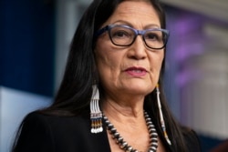 In this April 23, 2021, file photo, Interior Secretary Deb Haaland speaks during a news briefing at the White House in Washington.