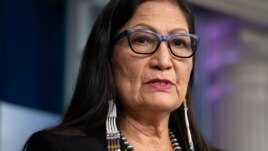 In this April 23, 2021, file photo, Interior Secretary Deb Haaland speaks during a news briefing at the White House in Washington.