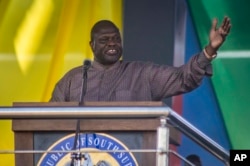 South Sudan's opposition leader Riek Machar speaks at peace celebrations in the capital Juba, South Sudan, Oct. 31, 2018.