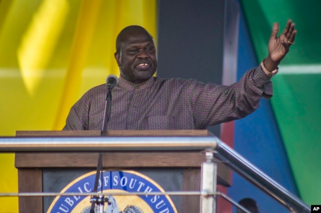 South Sudan's opposition leader Riek Machar speaks at peace celebrations in the capital Juba, South Sudan, Oct. 31, 2018.