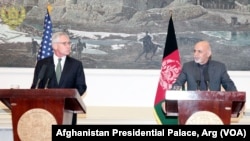 محمد اشرف غنی، رئیس جمهور افغانستان با چک هیگل، وزیر دفاع امریکا در نشست مشترک خبری در کابل
