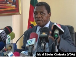 Cameroon's territorial administration minister, Paul Atanga Nji, speaks during a news conference in Yaounde, April 4, 2019.