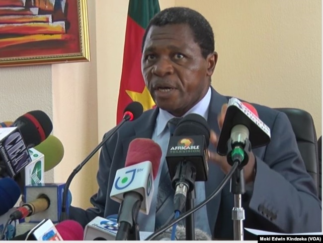 Cameroon's territorial administration minister, Paul Atanga Nji, speaks during a news conference in Yaounde, April 4, 2019.