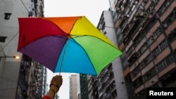 一名香港LGBT自豪游行的参加者高举彩虹雨伞。(2014年11月8日)
