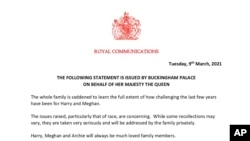 This handout provided by Buckingham Palace shows a statement issued on behalf of Britain's Queen Elizabeth, March 9, 2021.