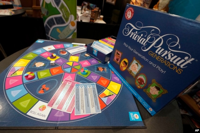 FILE - A "Trivial Pursuit Generations" game is displayed at the 2023 Toy Fair, in New York's Javits Center, Monday, Oct. 2, 2023. (AP Photo/Richard Drew)