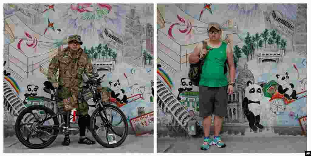 This combination of photos show Hacken Tse, 38, a freelance photographer, (l) on a main road in an occupied area near government headquarters in Hong Kong on Oct. 10, 2014 and (r) Tse at the same place almost one year later on Sept. 26, 2015.