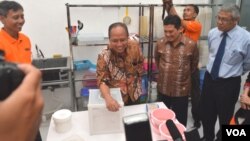 Menteri Riset,Teknologi Dan Pendidikan Tinggi Mohamad Nasir (tengah) Memberikan Makan Nyamuk Ber-Wolbachia atau Blood Feeding di ruang Insektorium EDP UGM dengan lengan kanannya, Selasa 26/4 (VOA/Munarsih).