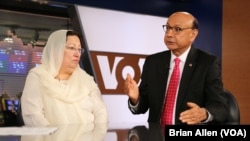 FILE - Khizr and Ghazala Khan, the parents of a U.S. Army captain killed in Iraq, speak with VOA in Washington, D.C., Aug.1, 2016. (B. Allen/VOA)