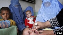 Seorang anak di wilayah Jalalabad, Afghanistan, sedang divaksinasi polio melalui mulut.