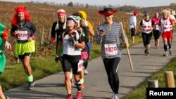 Des concurrents courent le long du vignoble lors du Marathon International du Beaujolais à Cercie, en France, le 22 novembre 2014. 